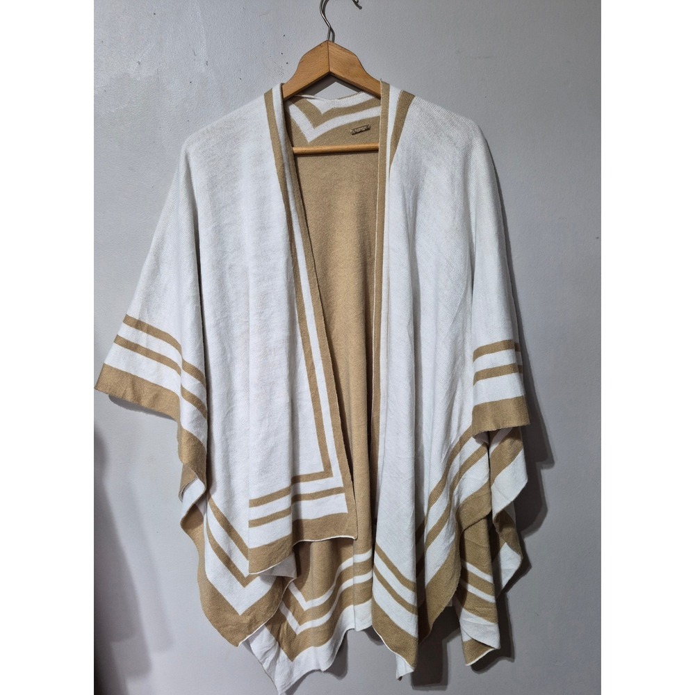 Lauren Ralph Lauren White Tan Striped Open Front Poncho Wrap Shawl Cardigan